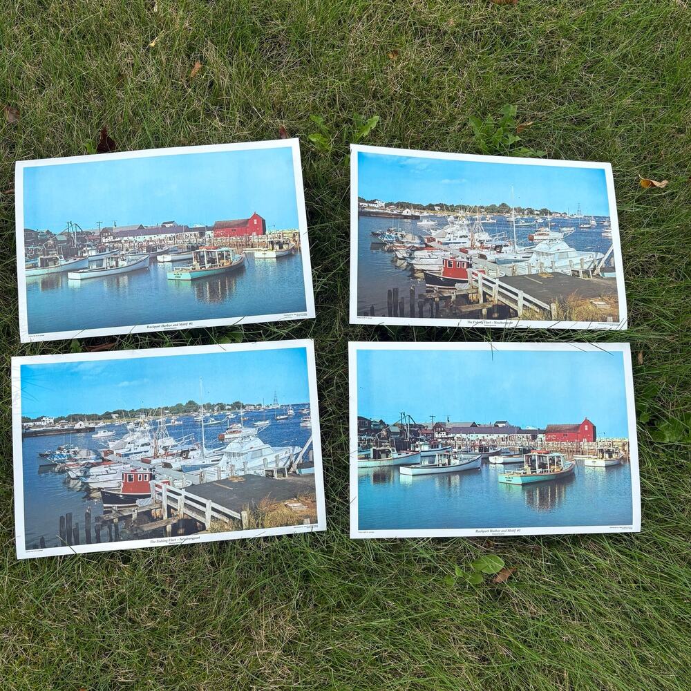 Vintage laminated placemats ft. scenic harbor views coastal Massachusetts towns